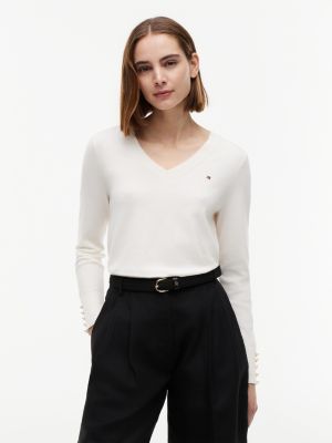 white pullover mit gold-knöpfen und v-ausschnitt für damen - tommy hilfiger