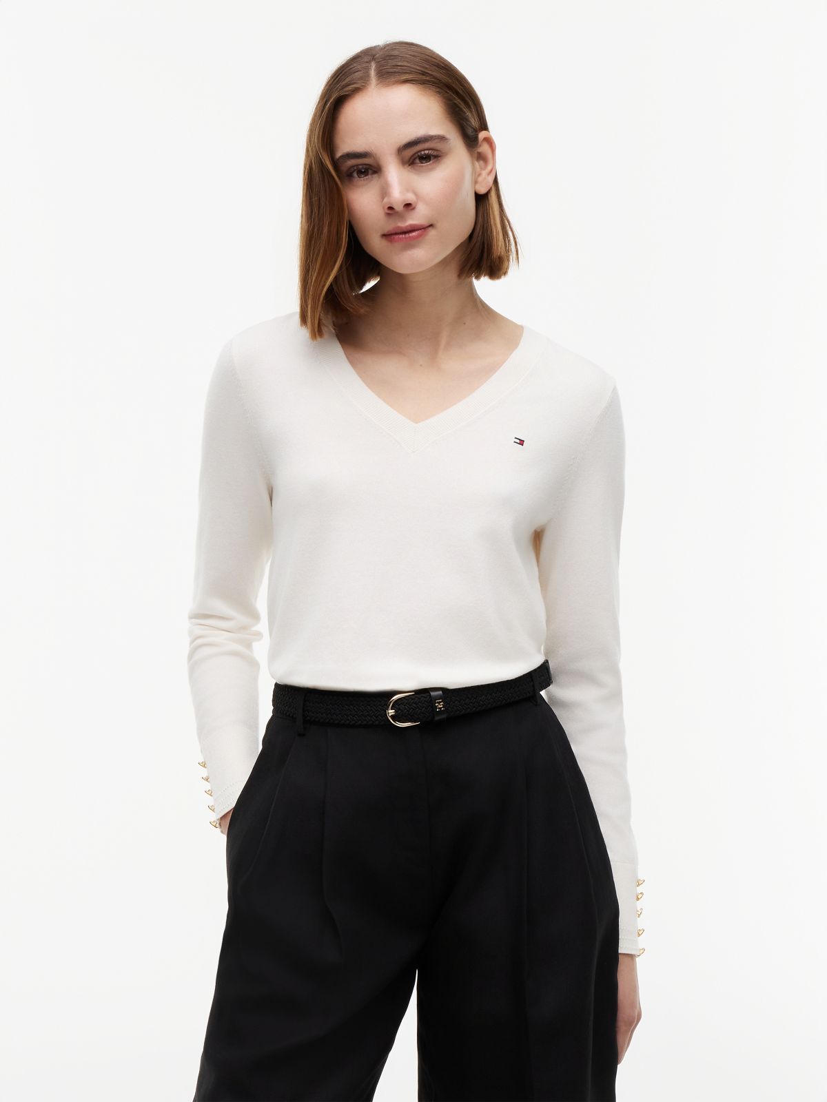 Gold-Tone Button Cuff V-Neck Jumper — White