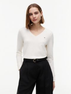 Gold-Tone Button Cuff V-Neck Jumper — White 1