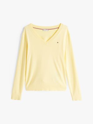 pull en maille fine à col en v jaune pour femmes tommy hilfiger