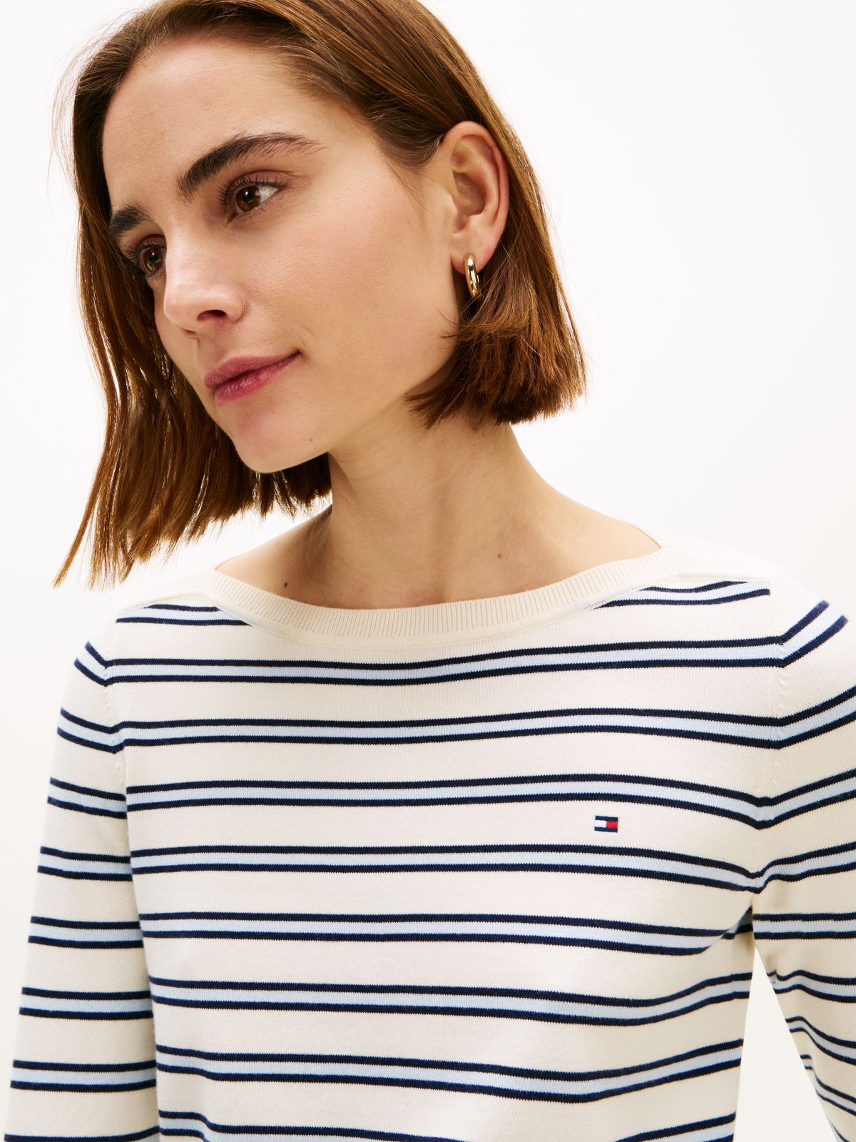 Gold-Tone Button Jersey Boat Neck Jumper — Beige