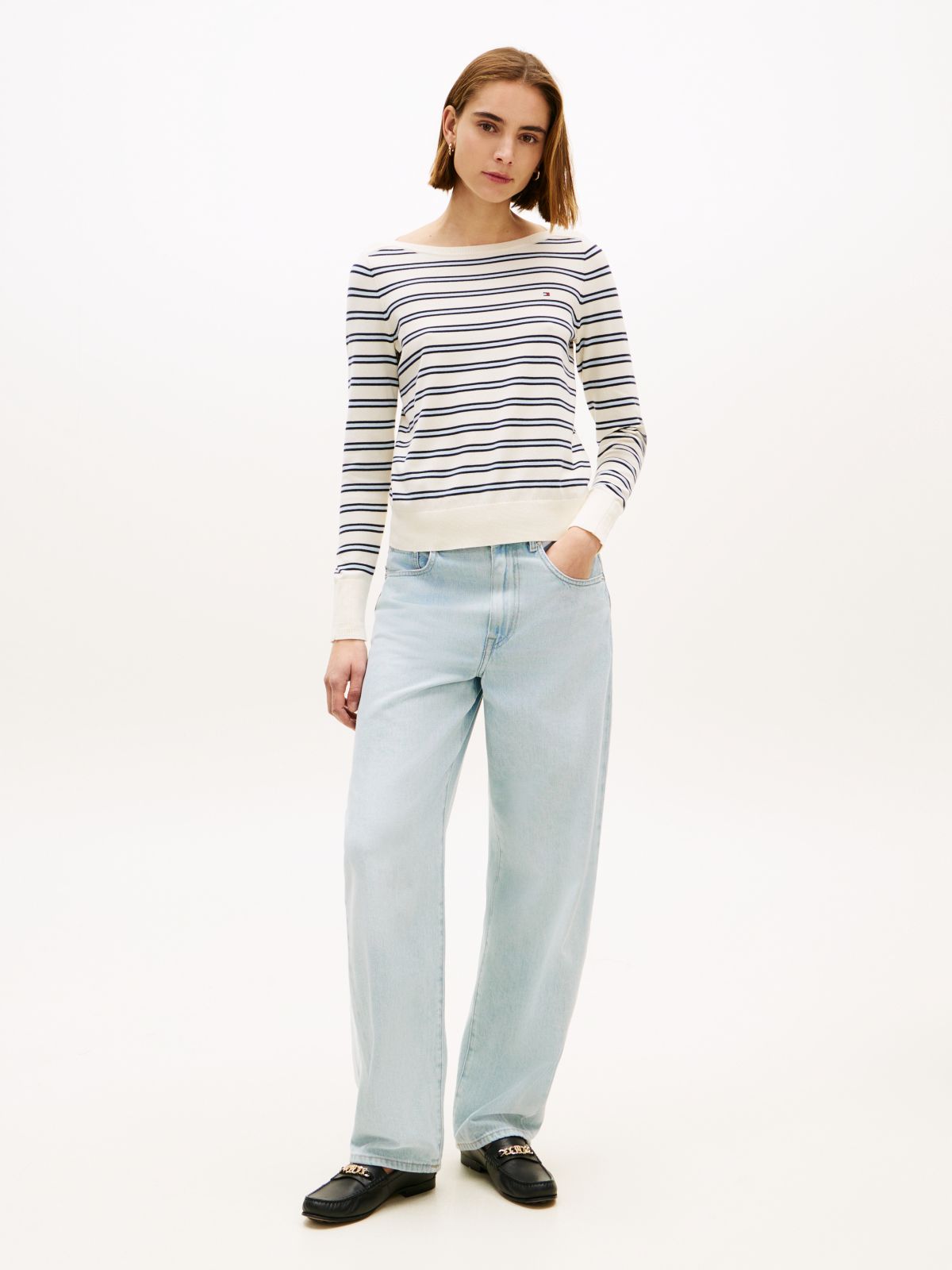 Gold-Tone Button Jersey Boat Neck Jumper — Beige