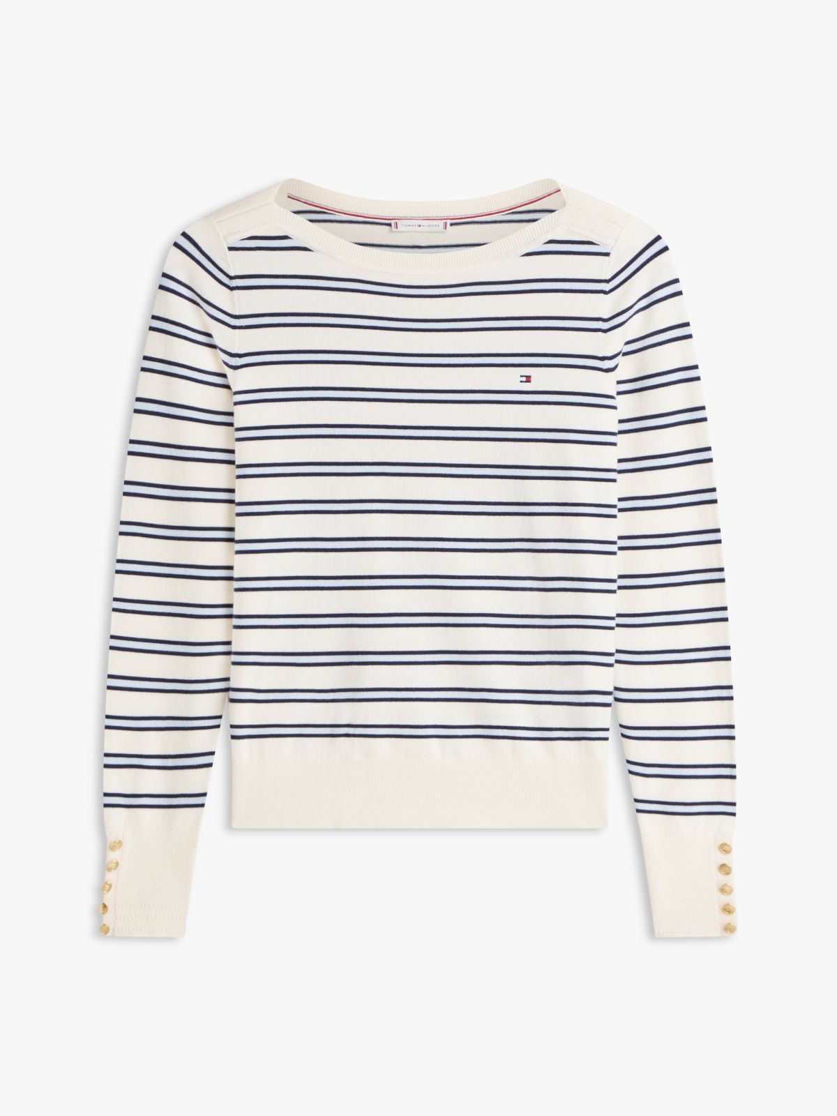 Gold-Tone Button Jersey Boat Neck Jumper — Beige