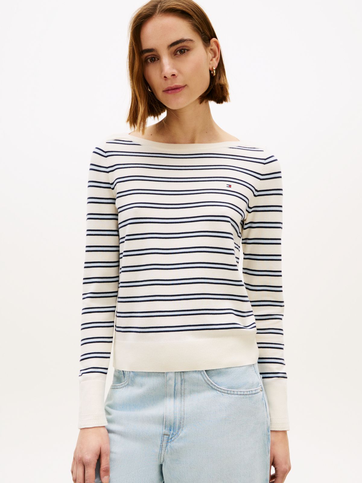 Gold-Tone Button Jersey Boat Neck Jumper — Beige