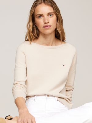 beige boat neck flag embroidery jumper for women tommy hilfiger