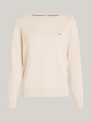 beige boat neck flag embroidery jumper for women tommy hilfiger