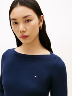 Gold-Tone Button Jersey Boat Neck Jumper — Blue 2