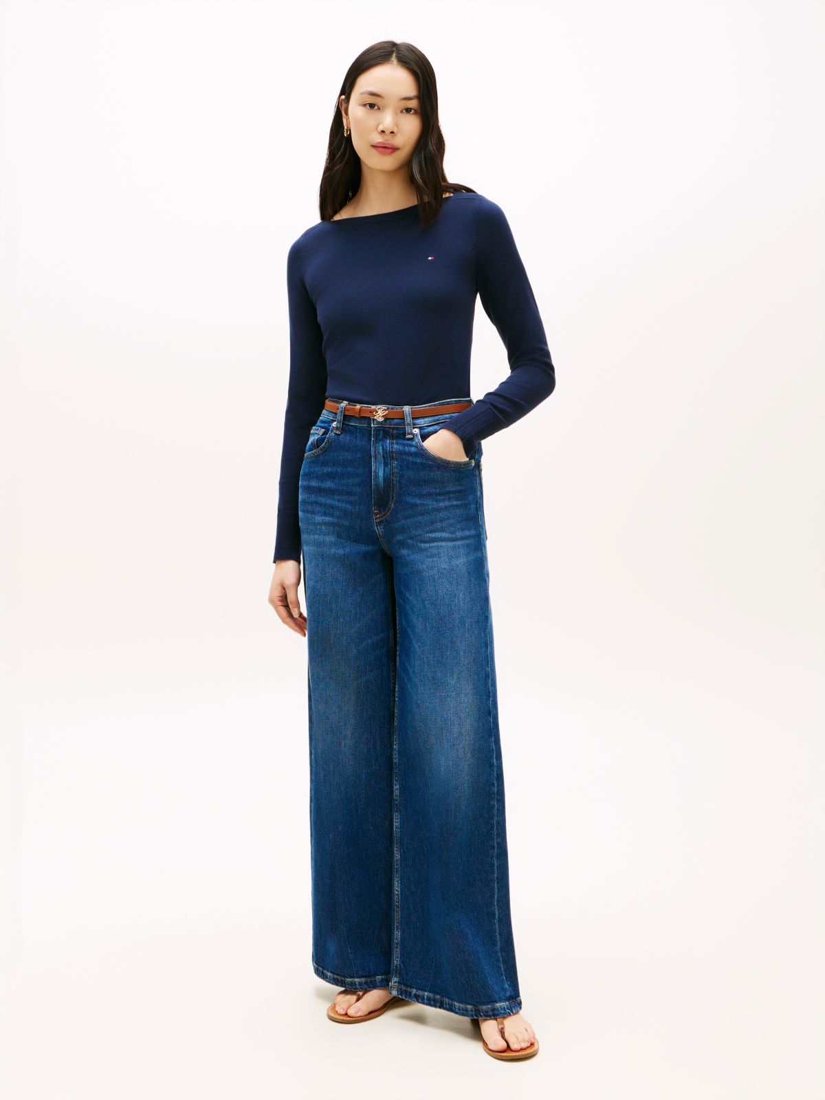 Gold-Tone Button Jersey Boat Neck Jumper — Blue