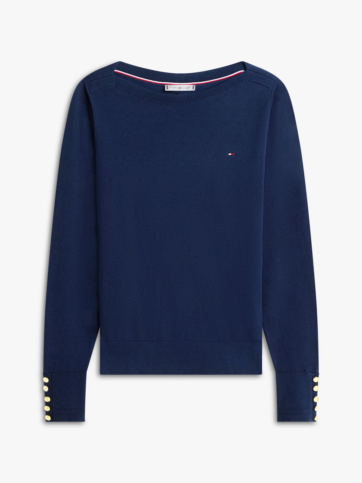 Gold-Tone Button Jersey Boat Neck Jumper — Blue
