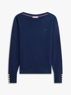 Gold-Tone Button Jersey Boat Neck Jumper — Blue 5