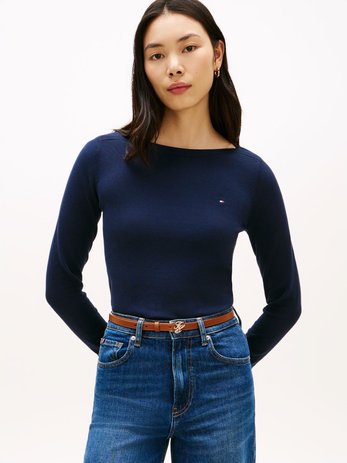Gold-Tone Button Jersey Boat Neck Jumper — Blue