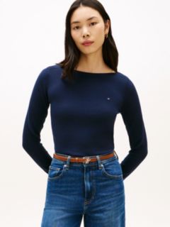 Gold-Tone Button Jersey Boat Neck Jumper — Blue 1