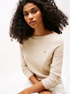 pull en jersey à col bateau beige pour femmes tommy hilfiger