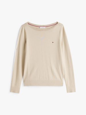 pull en jersey à col bateau beige pour femmes tommy hilfiger