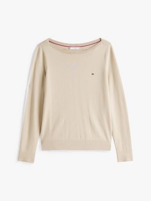 pull en maille fine à col bateau beige pour femmes tommy hilfiger