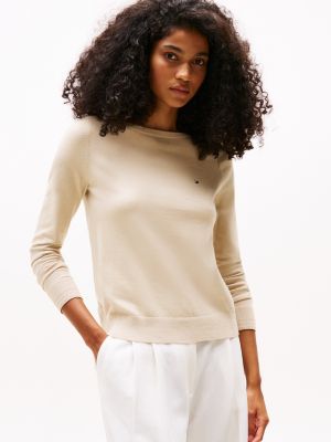 beige feinstrickpullover mit u-boot-ausschnitt für damen - tommy hilfiger