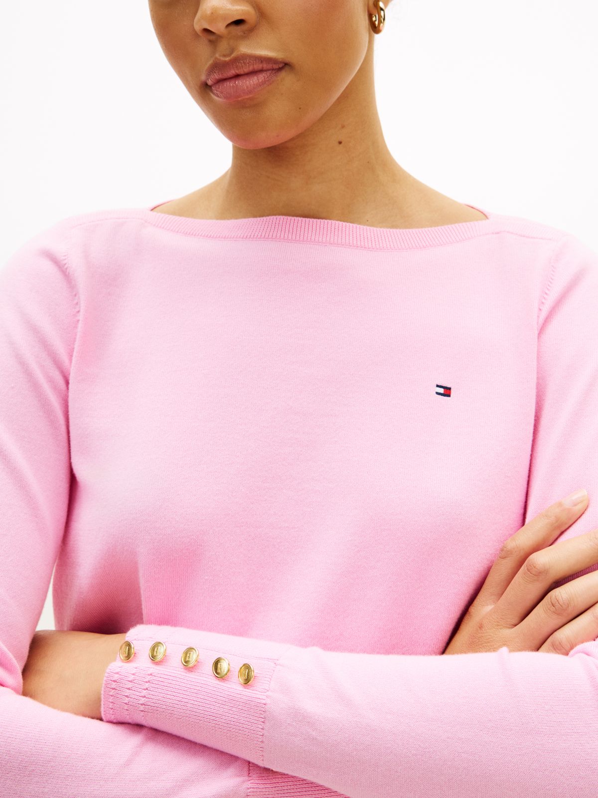 Gold-Tone Button Jersey Boat Neck Jumper — Pink