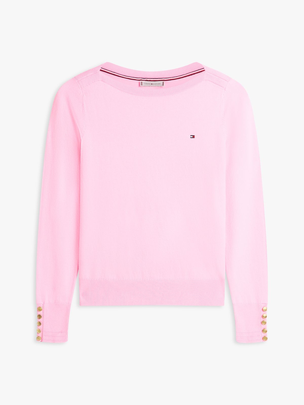 Gold-Tone Button Jersey Boat Neck Jumper — Pink