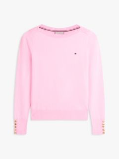 Gold-Tone Button Jersey Boat Neck Jumper — Pink 5