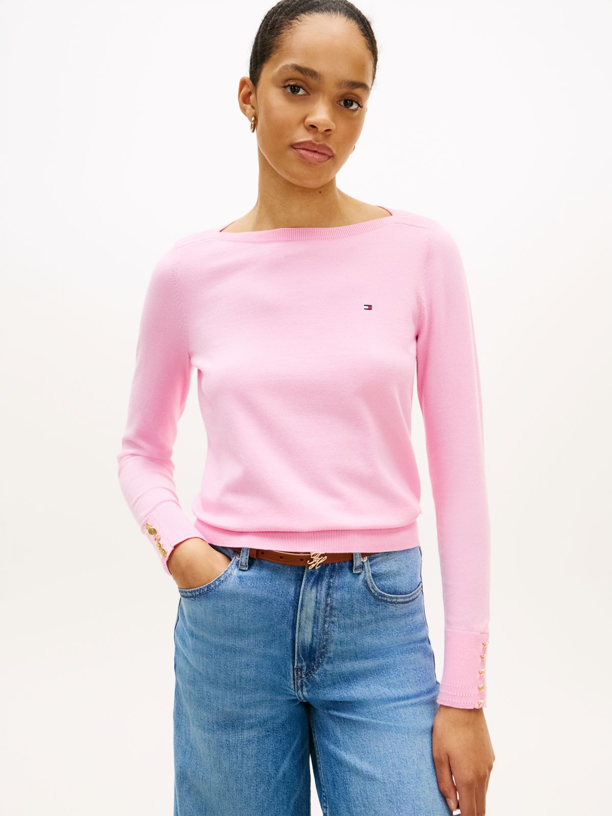 Gold-Tone Button Jersey Boat Neck Jumper — Pink
