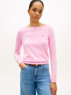 Gold-Tone Button Jersey Boat Neck Jumper — Pink 1