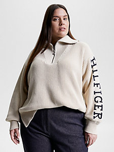 beige curve logo relaxed fit rib-knit jumper for women tommy hilfiger