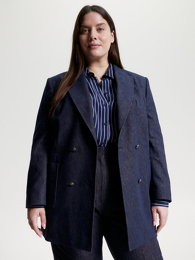 blue curve fitted double-breasted blazer van twill voor dames - tommy hilfiger