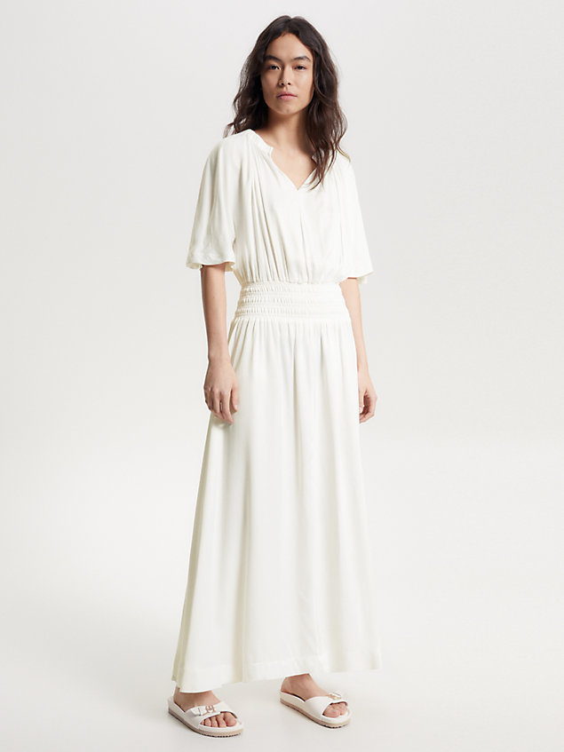white tommy hilfiger x vacation fit and flare maxi-jurk met v-hals voor dames - tommy hilfiger