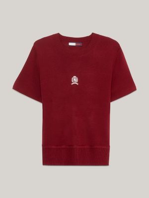 Crest Embroidery Knit T-Shirt, Red