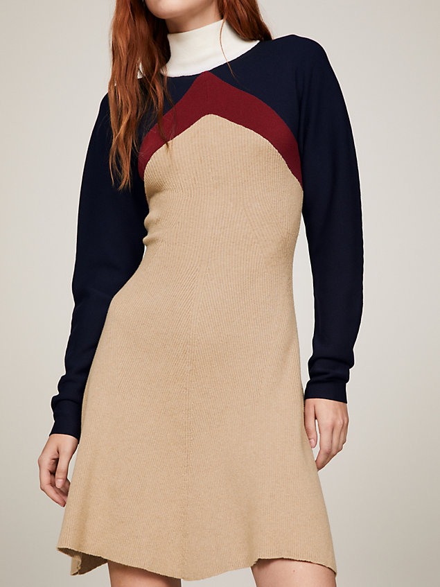 beige fitted sweaterjurk met argyle-motief voor dames - tommy hilfiger