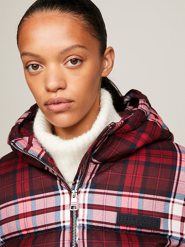 red recycled tartan check new york puffer jacket for women tommy hilfiger