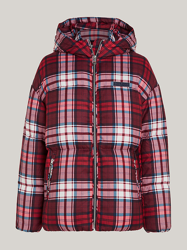 red recycled tartan check new york puffer jacket for women tommy hilfiger
