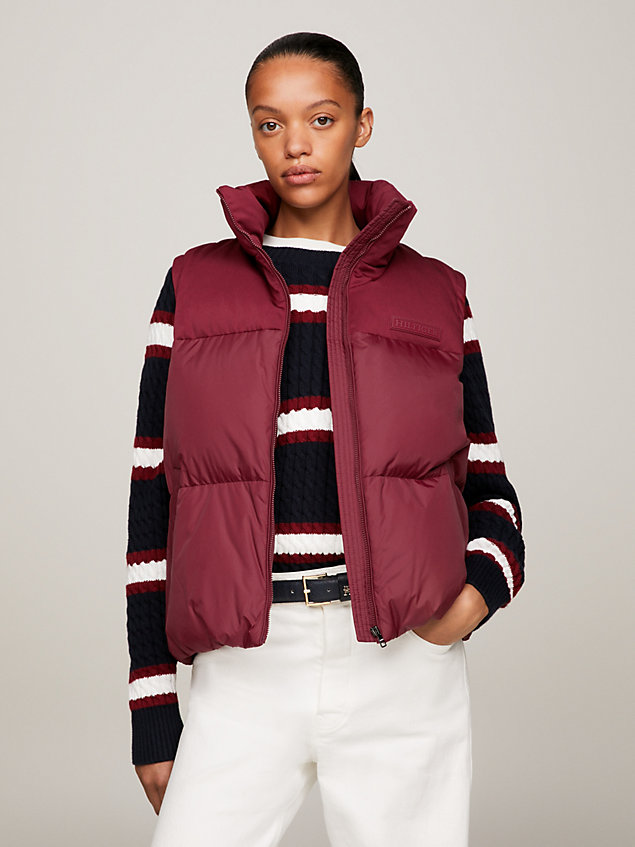red recycled nylon puffer new york gilet for women tommy hilfiger