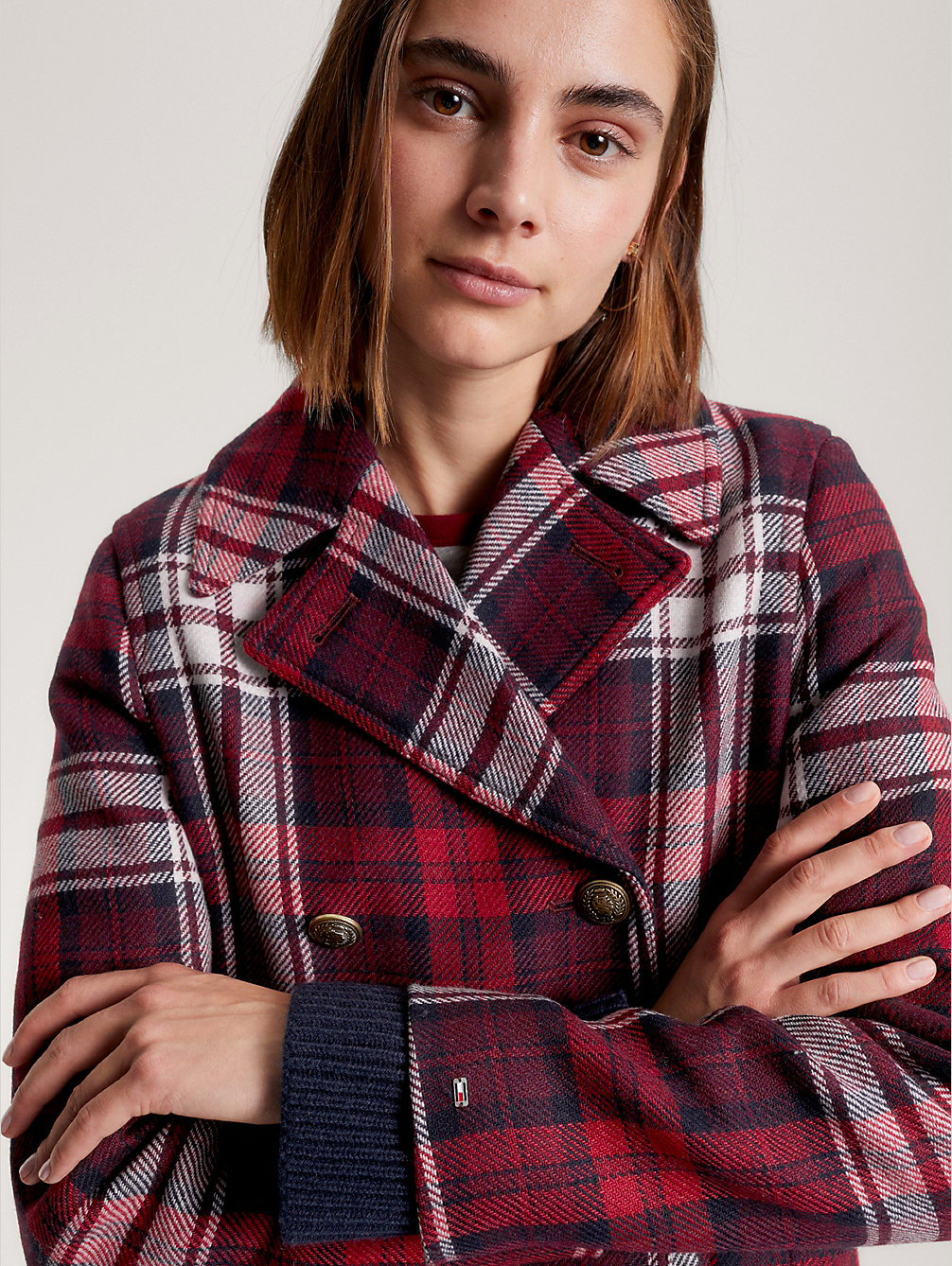 red prep tartan check double breasted peacoat for women tommy hilfiger