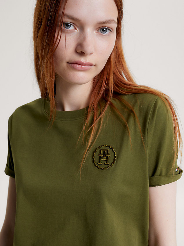 green modern th monogram stamp embroidery t-shirt for women tommy hilfiger