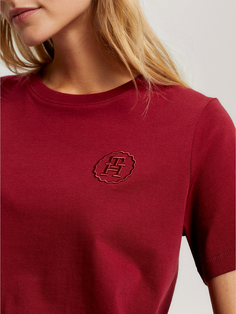 red modern tonal logo embroidery t-shirt for women tommy hilfiger