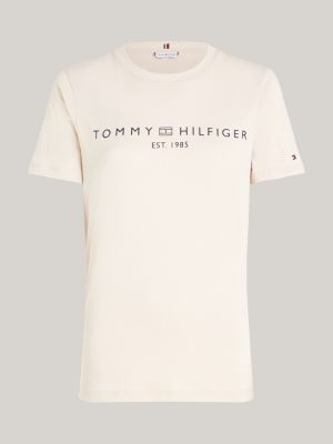 beige rundhals-t-shirt mit logo für damen - tommy hilfiger