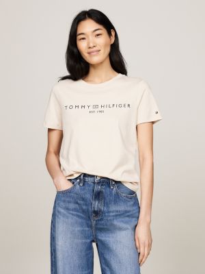 T shirt met ronde hals en logo Beige Tommy Hilfiger