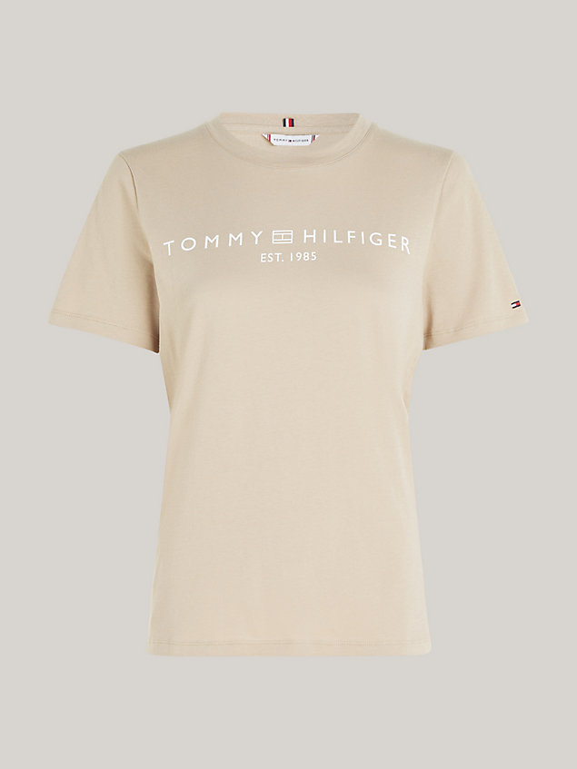 beige signature logo flag embroidery t-shirt for women tommy hilfiger