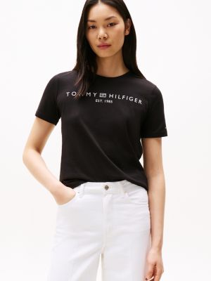 black t-shirt met ronde hals en logo voor dames - tommy hilfiger