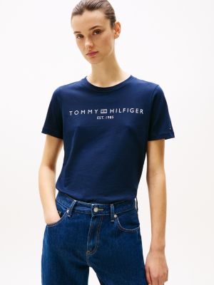 blue t-shirt met ronde hals en logo voor dames - tommy hilfiger