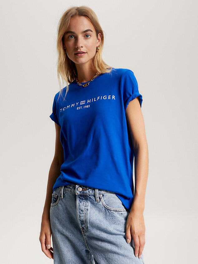 blue t-shirt mit logo-stickerei für damen - tommy hilfiger