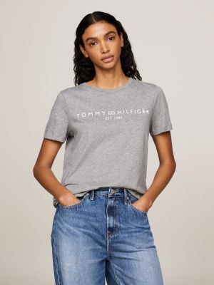 T shirt embl matique col en V et logo Gris Tommy Hilfiger