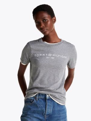 t-shirt con logo grigio da donne tommy hilfiger