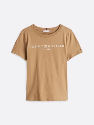 camiseta de cuello redondo con logo beige de mujeres tommy hilfiger