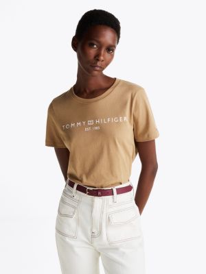 beige logo crew neck t-shirt for women tommy hilfiger