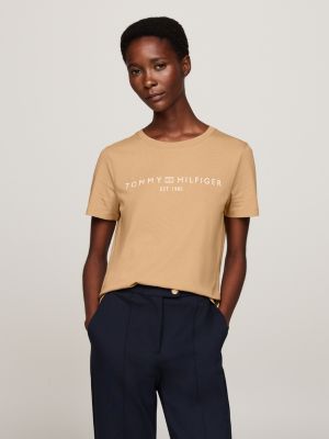 t-shirt con logo khaki da donne tommy hilfiger