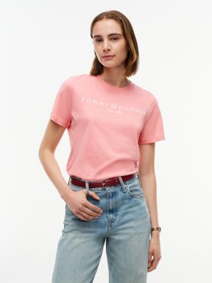 pink t-shirt z logo i okrągłym dekoltem dla kobiety - tommy hilfiger