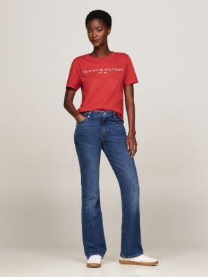 rood t-shirt met ronde hals en logo voor dames - tommy hilfiger