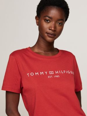 rood t-shirt met ronde hals en logo voor dames - tommy hilfiger